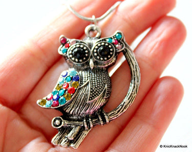 Silver Owl On Branch With Colourful Rhinestones Pendant